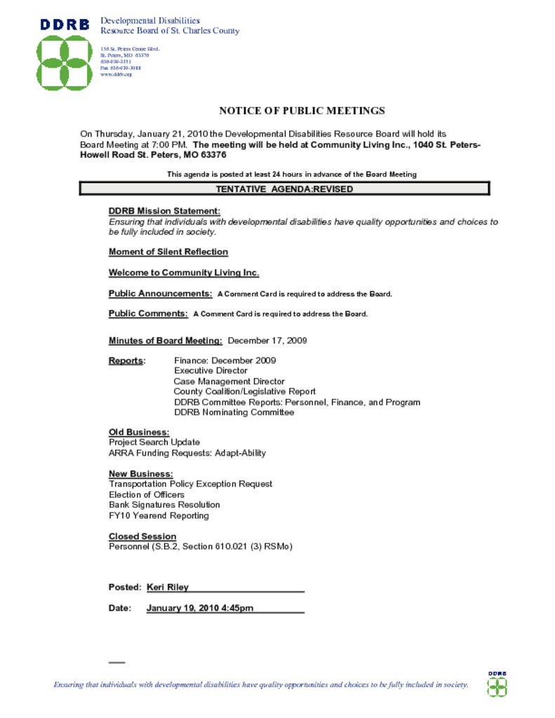 January 21, 2010 Board Meeting Agenda Now Available!