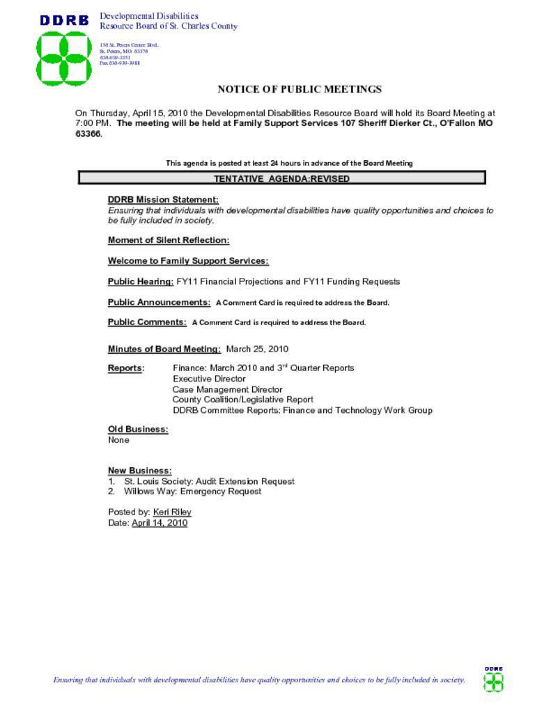 April 15, 2010 Board Meeting Agenda is now available!