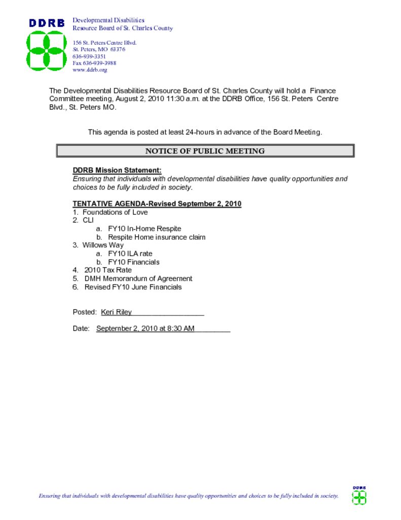 September 2, 2010 Finance Committee Meeting Agenda-Revised