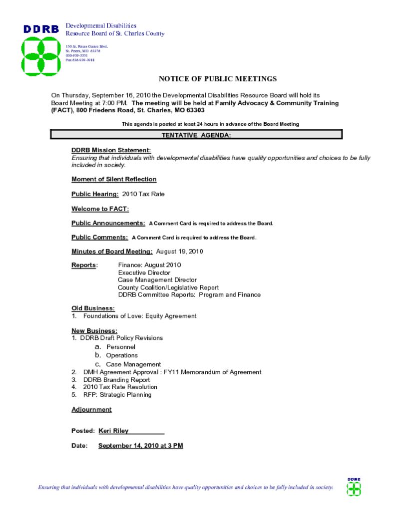 September 16, 2010 Board Meeting Agenda