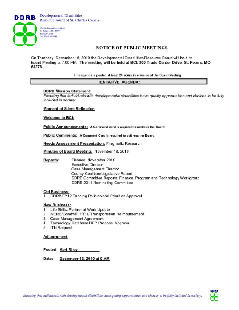 December 16, 2010  Board Meeting Agenda
