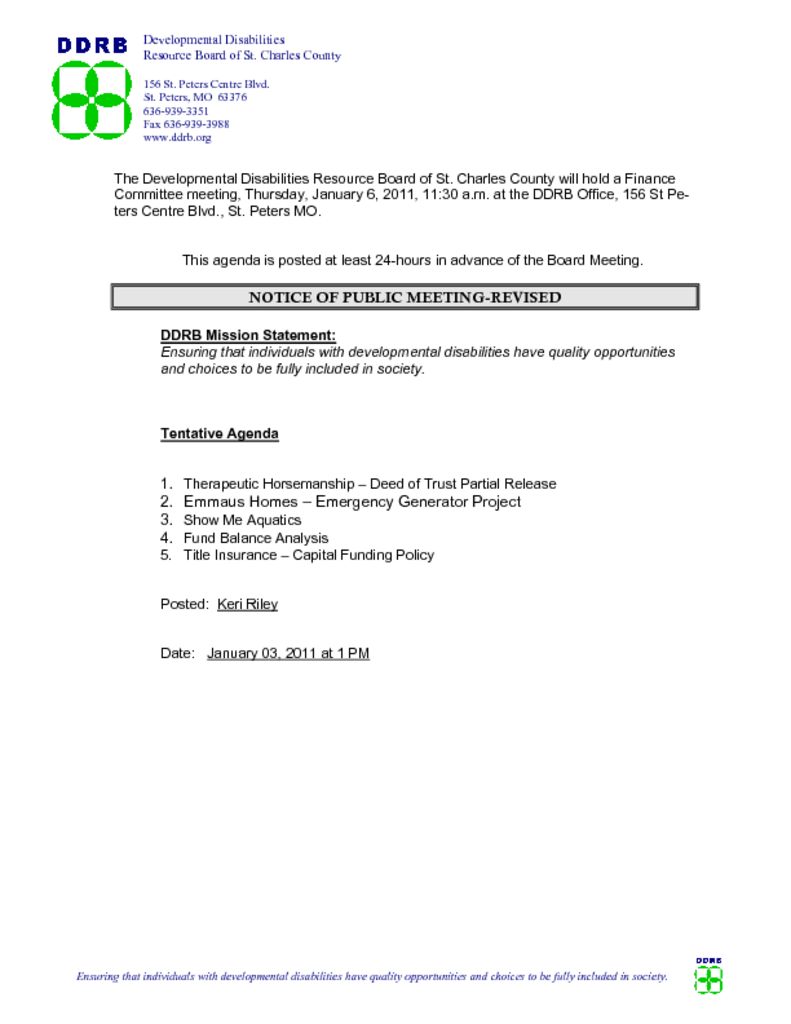 January 06, 2011 Finance Committee Meeting Agenda REVISED
