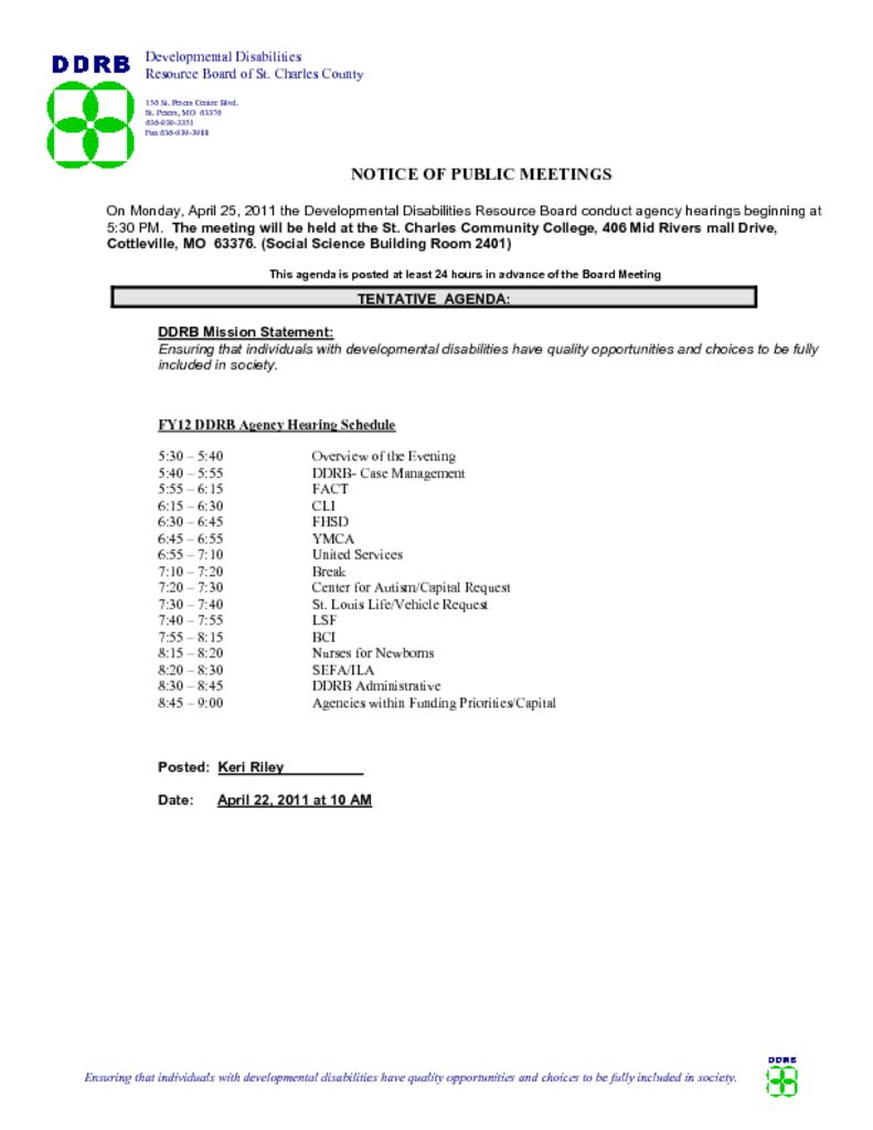 April 25, 2011  Agency Hearing Schedule