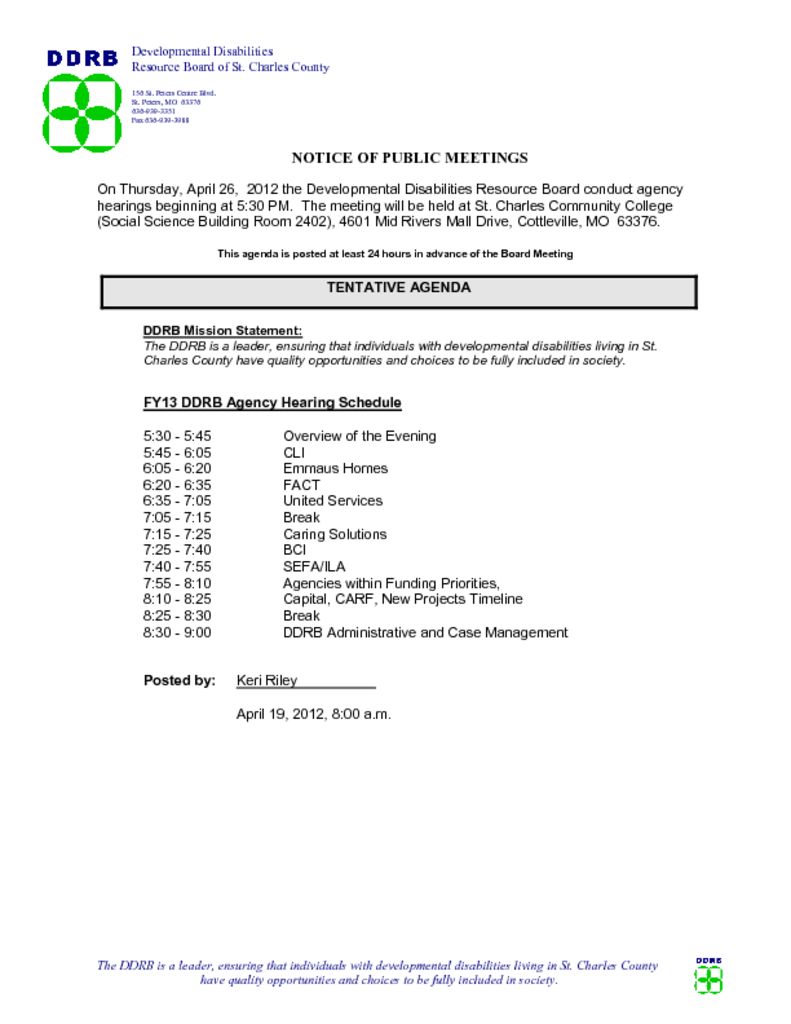 April 26, 2012 DDRB Agency Hearing Schedule