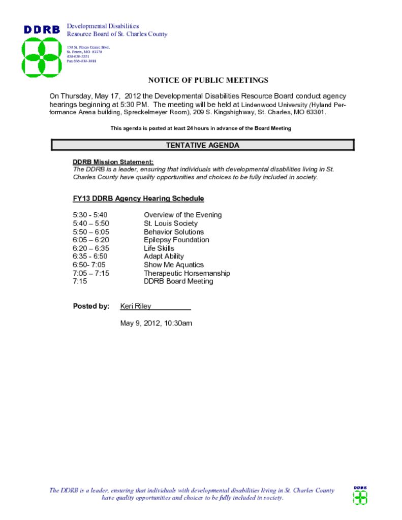 May 17, 2012 Agency Hearings Agenda
