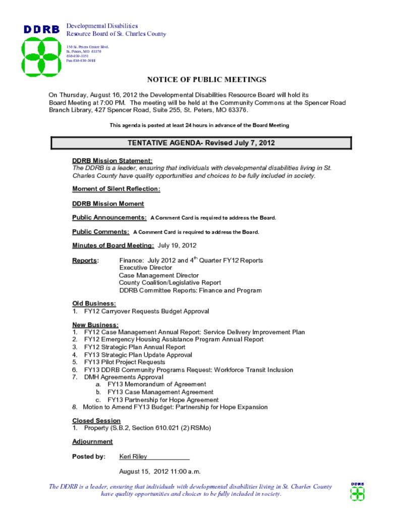 August 16, 2012 Board Meeting Agenda