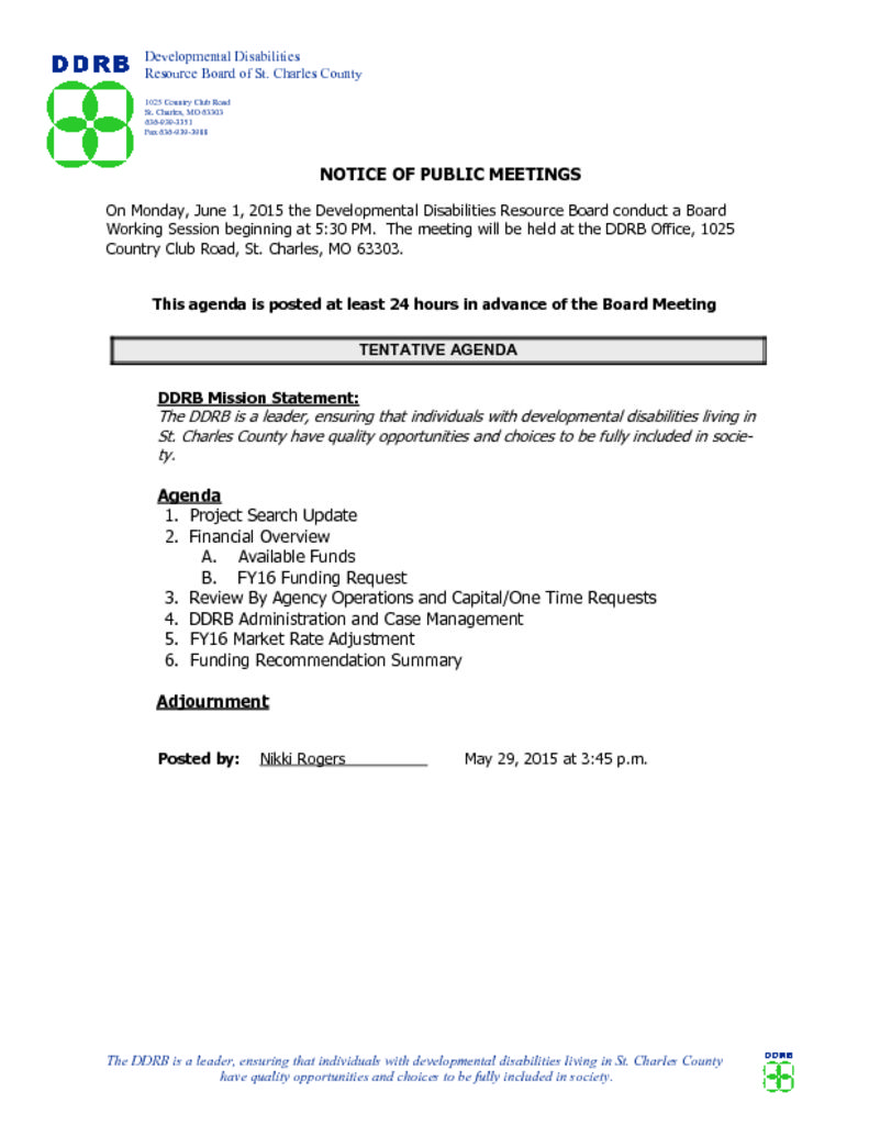 June 1, 2015 Board Working Session